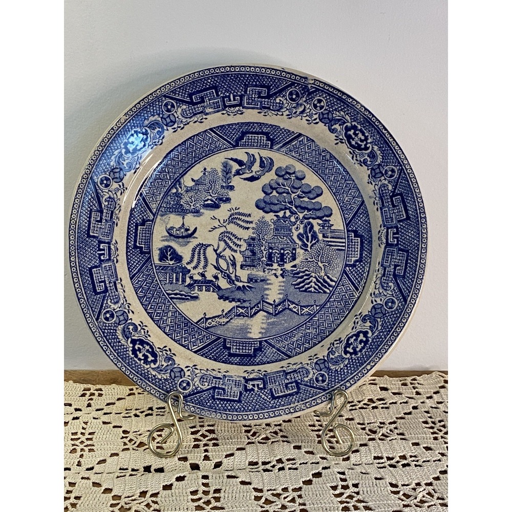 Antique Blue Willow Bird Transfer Plate 9" Chinese Landscape Original England